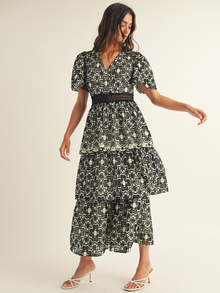 JUST ME WOMEN'S SHORT SLEEVE V-NECK SURPLICE FLORAL CROCHET TIERED MAXI DRESS