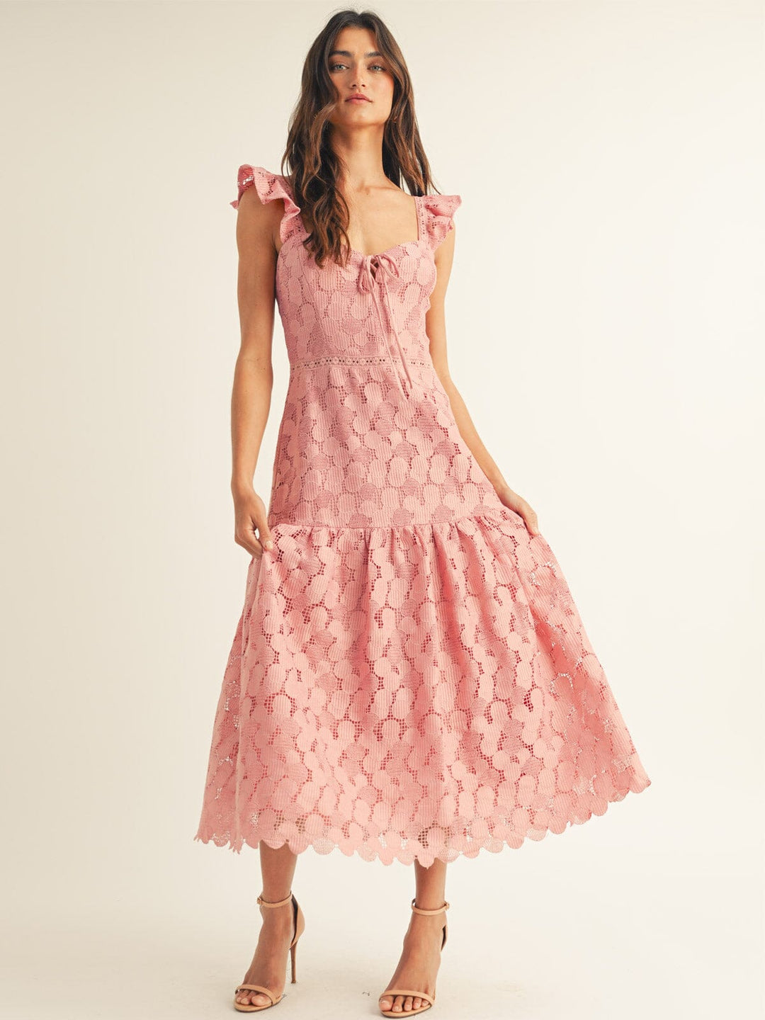 JUST ME WOMEN'S SLEEVELESS RUFFLE TIERED CROCHET MAXI DRESS