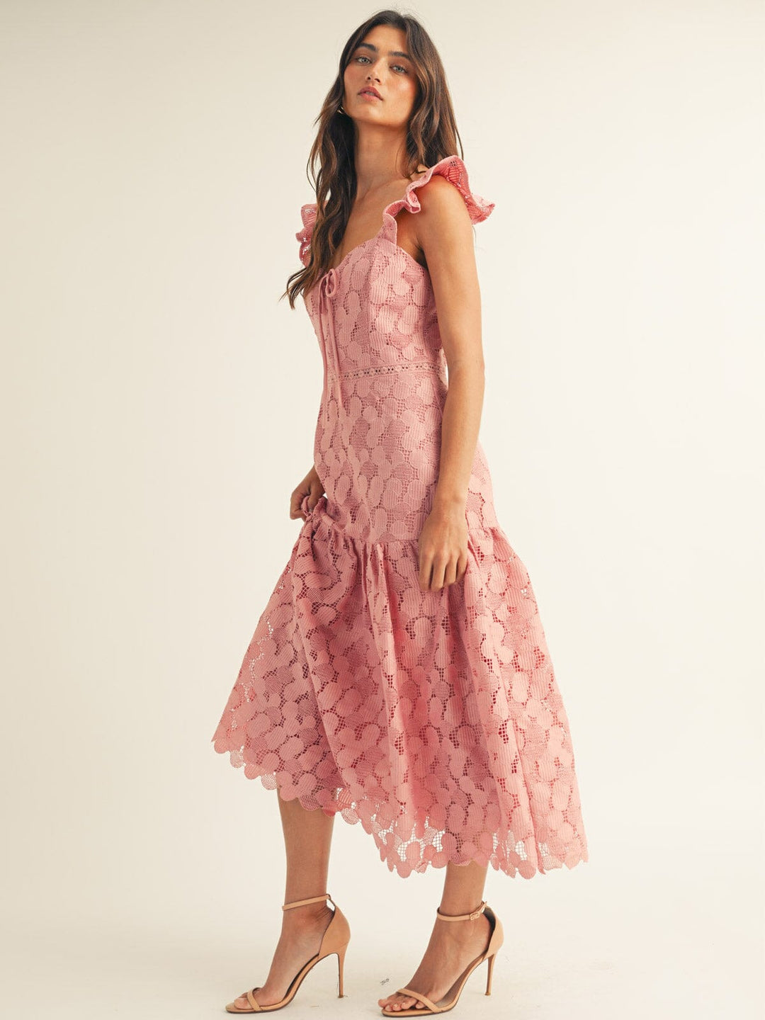 JUST ME WOMEN'S SLEEVELESS RUFFLE TIERED CROCHET MAXI DRESS