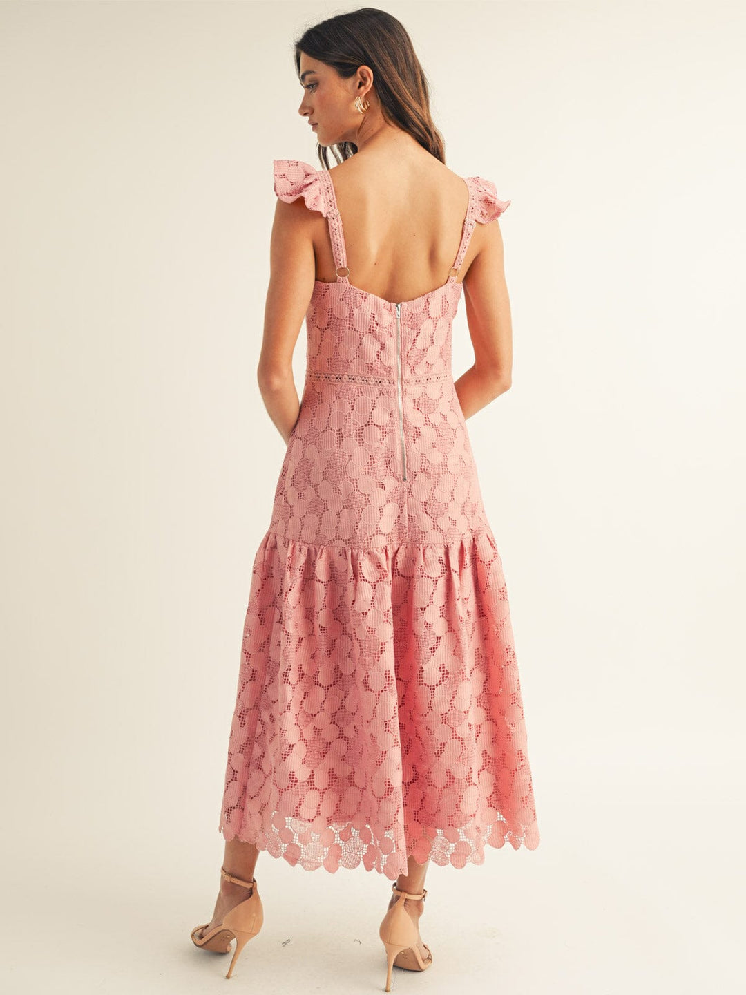 JUST ME WOMEN'S SLEEVELESS RUFFLE TIERED CROCHET MAXI DRESS