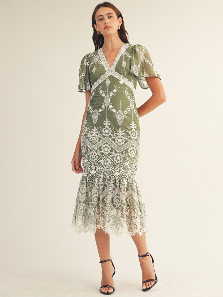 JUST ME WOMEN'S SHORT SLEEVE V-NECK LACE EMBROIDERY BODYCON MIDI DRESS