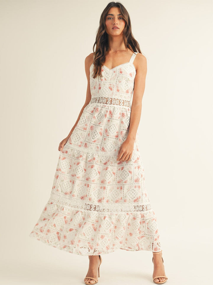 JUST ME WOMEN'S SLEEVELESS V-NECK FRONT POCKETS FLORAL CROCHET MAXI DRESS