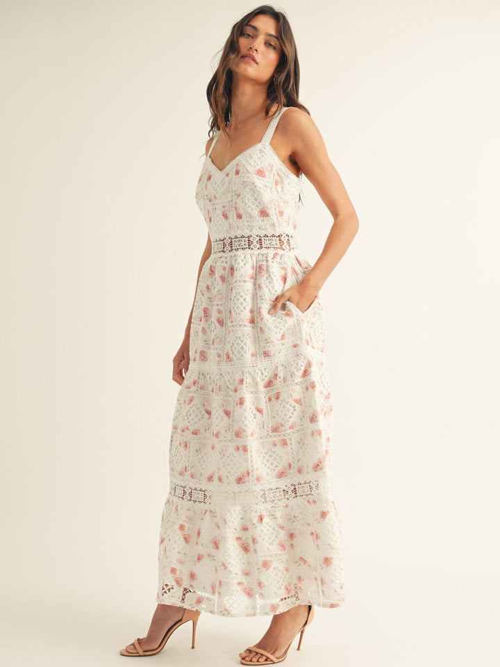 JUST ME WOMEN'S SLEEVELESS V-NECK FRONT POCKETS FLORAL CROCHET MAXI DRESS