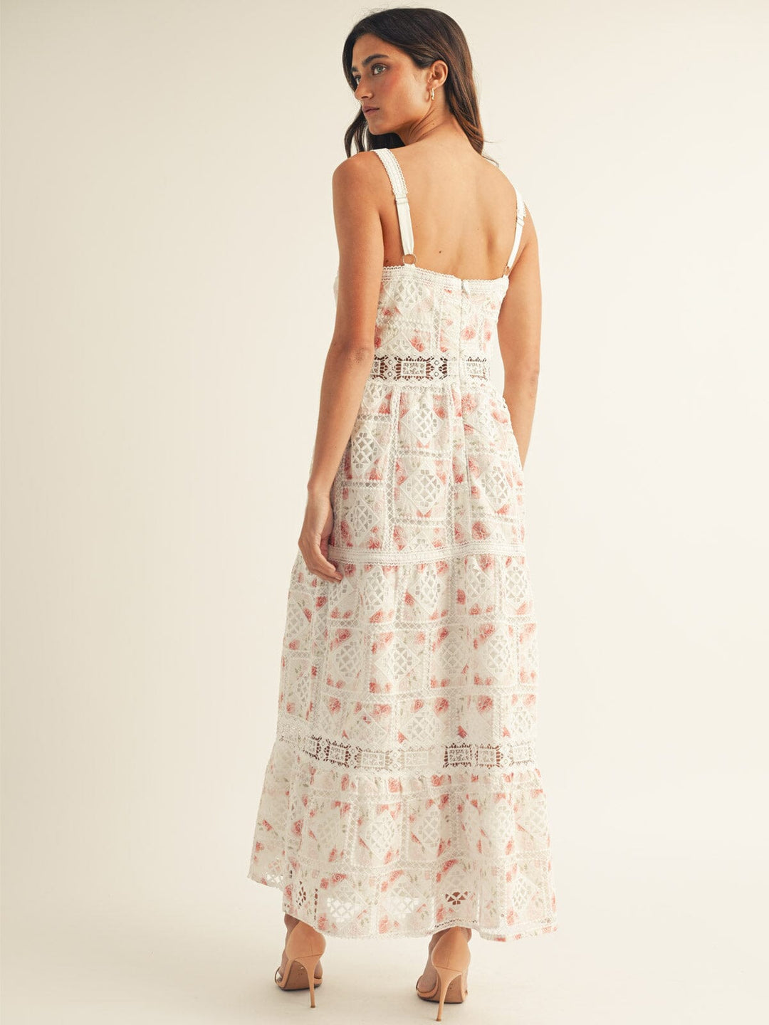 JUST ME WOMEN'S SLEEVELESS V-NECK FRONT POCKETS FLORAL CROCHET MAXI DRESS