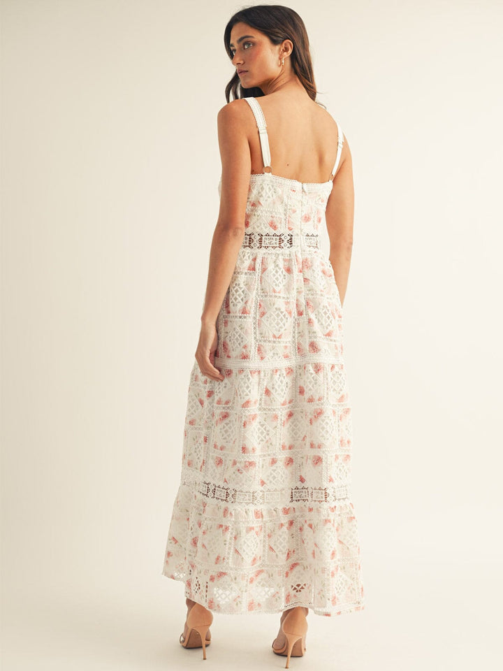 JUST ME WOMEN'S SLEEVELESS V-NECK FRONT POCKETS FLORAL CROCHET MAXI DRESS