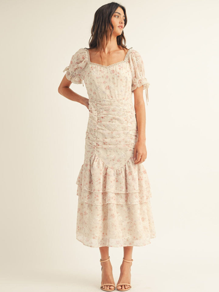 JUST ME WOMEN'S SHORT SLEEVE RUCHED FLORAL TIERED MAXI DRESS