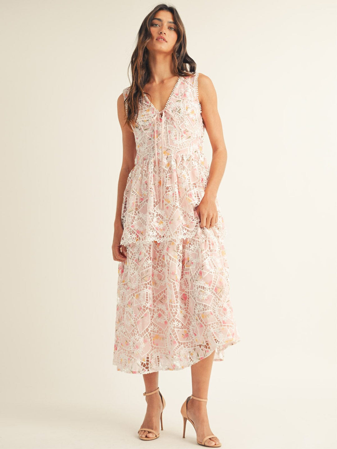 JUST ME WOMEN'S SLEEVELESS V-NECK RUFFLE TIERED FLORAL CROCHET MAXI DRESS
