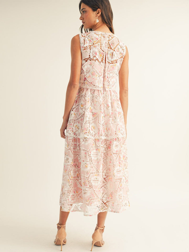 JUST ME WOMEN'S SLEEVELESS V-NECK RUFFLE TIERED FLORAL CROCHET MAXI DRESS