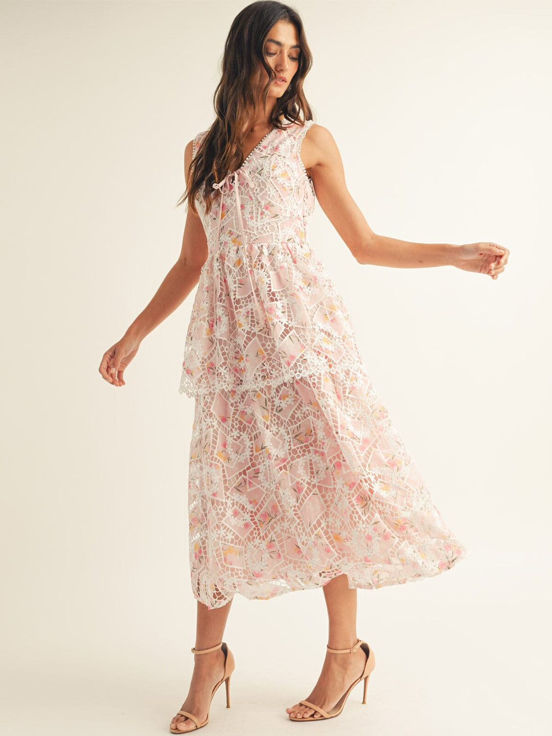 JUST ME WOMEN'S SLEEVELESS V-NECK RUFFLE TIERED FLORAL CROCHET MAXI DRESS