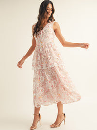 JUST ME WOMEN'S SLEEVELESS V-NECK RUFFLE TIERED FLORAL CROCHET MAXI DRESS