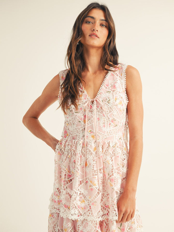 JUST ME WOMEN'S SLEEVELESS V-NECK RUFFLE TIERED FLORAL CROCHET MAXI DRESS