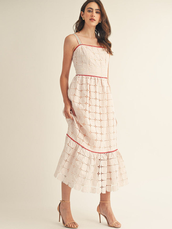 JUST ME WOMEN'S SLEEVELESS SQUARE NECK CROCHET MAXI DRESS