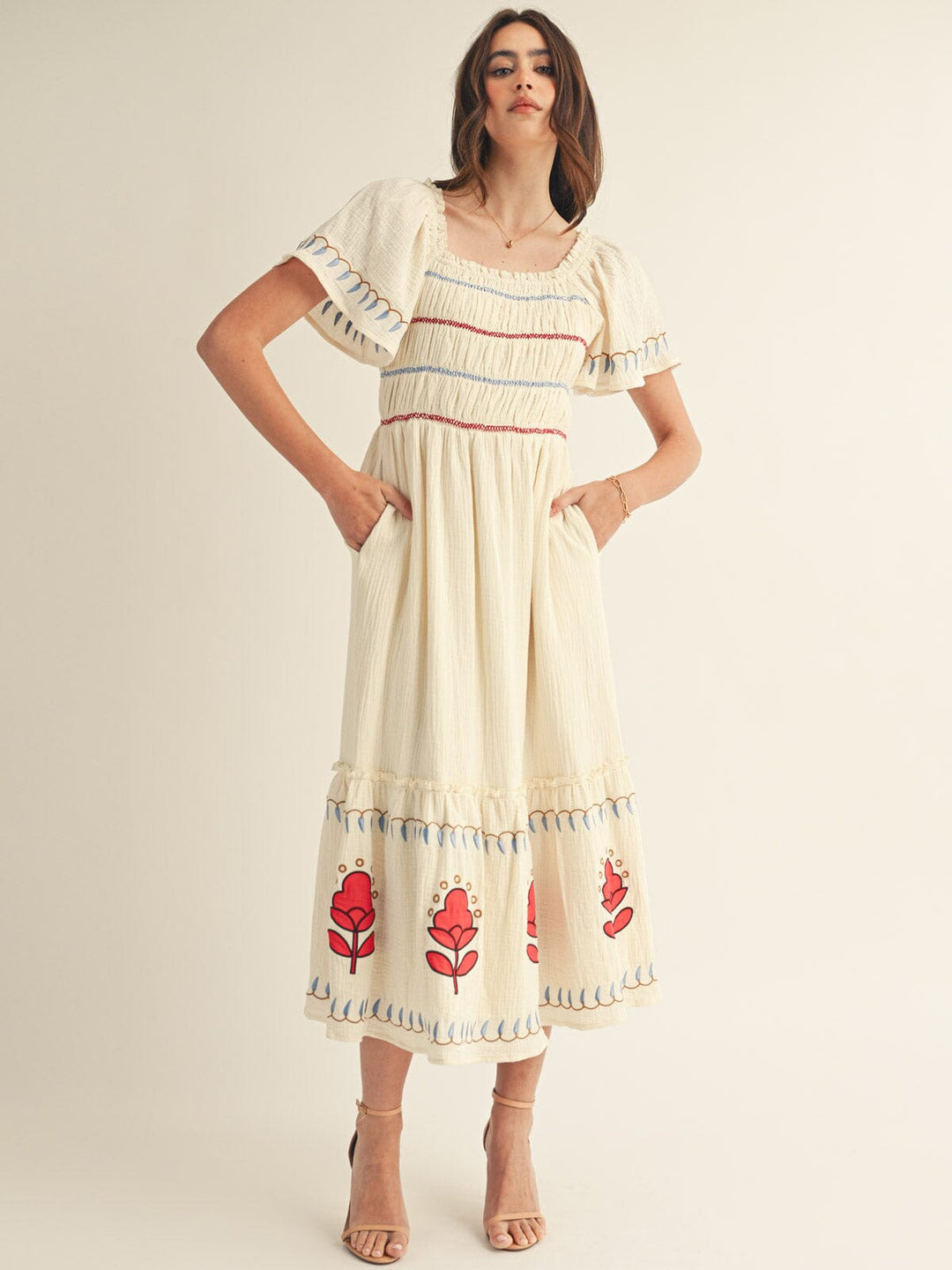 JUST ME WOMEN'S SHORT SLEEVE FRONT POCKETS SMOCK FLORAL EMBROIDERY MAXI DRESS