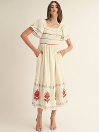 JUST ME WOMEN'S SHORT SLEEVE FRONT POCKETS SMOCK FLORAL EMBROIDERY MAXI DRESS