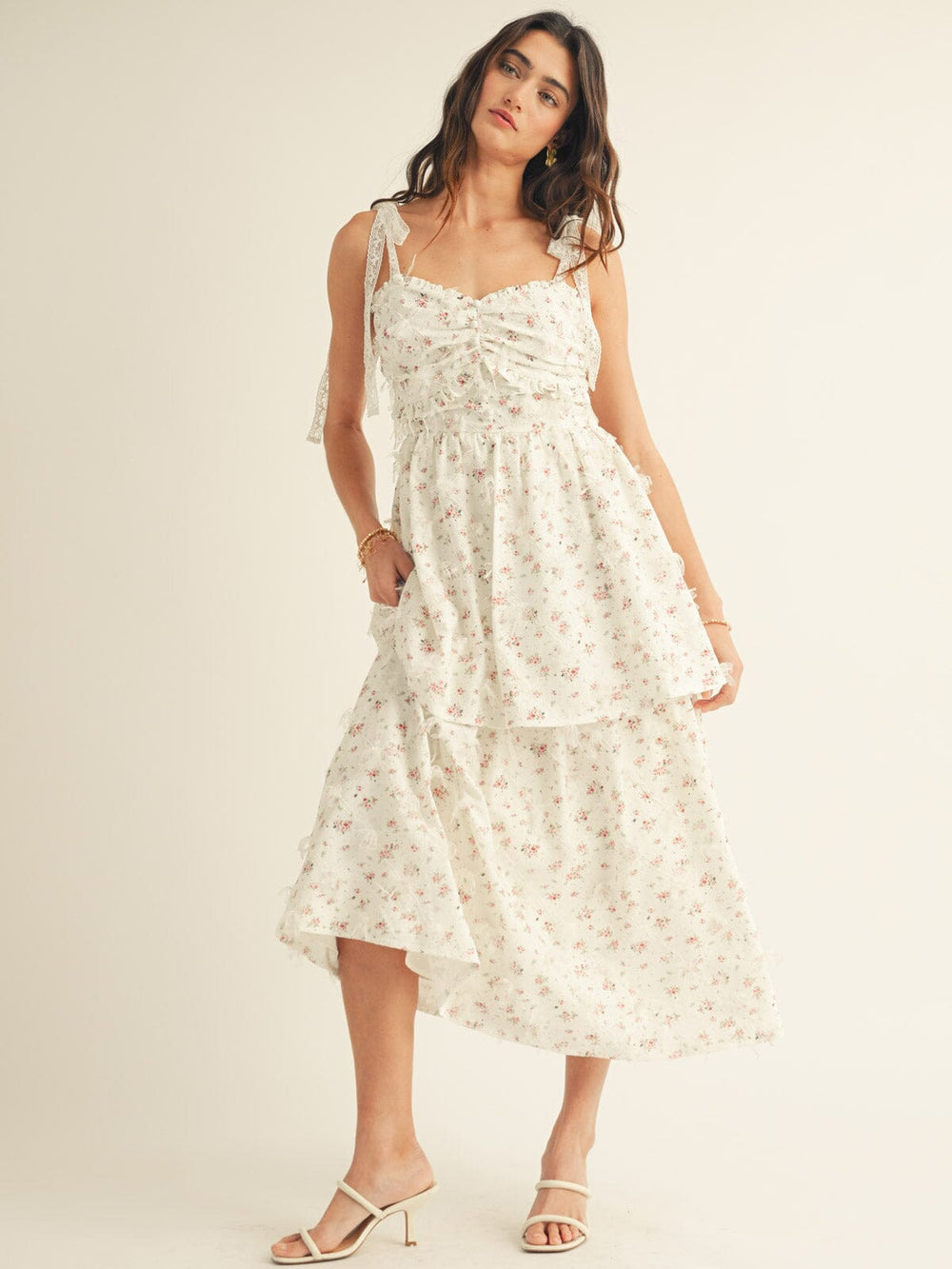 JUST ME WOMEN'S SLEEVELESS TIERED FLORAL MAXI DRESS