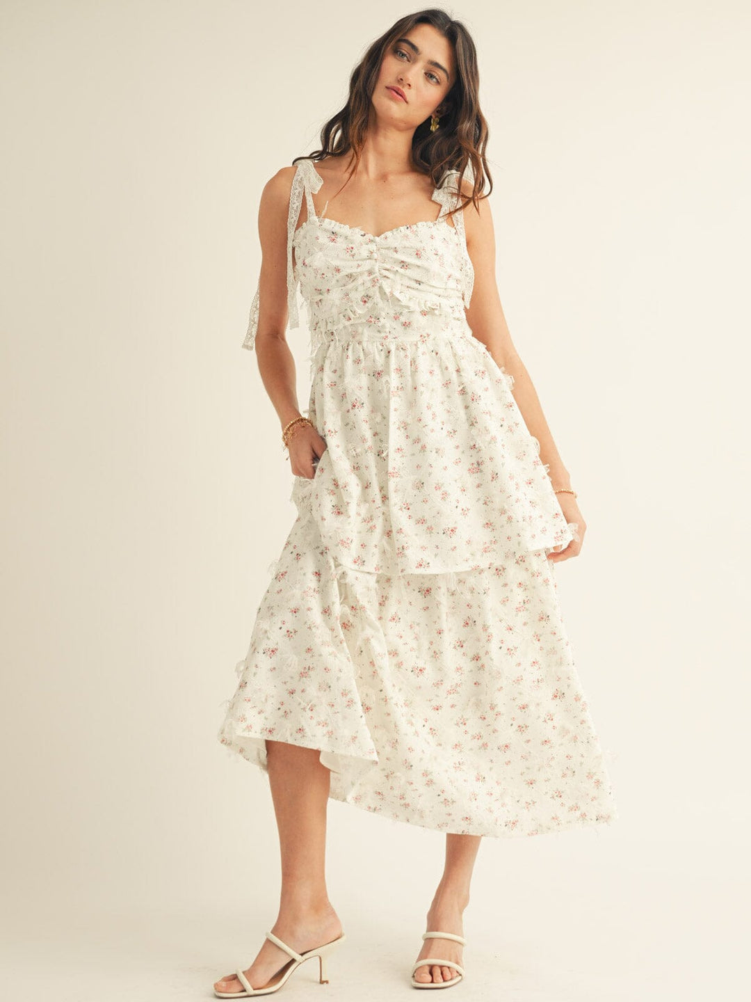 JUST ME WOMEN'S SLEEVELESS TIERED FLORAL MAXI DRESS