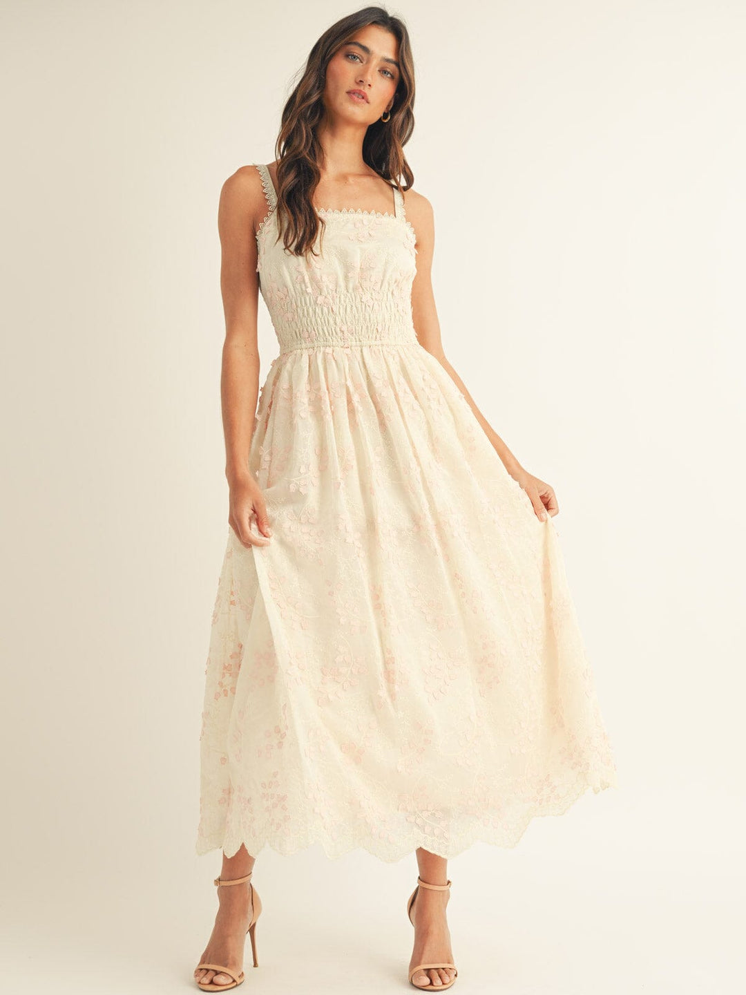 JUST ME WOMEN'S SLEEVELESS SQUARE NECK FLORAL EMBROIDERY ELASTIC WAIST MAXI DRESS