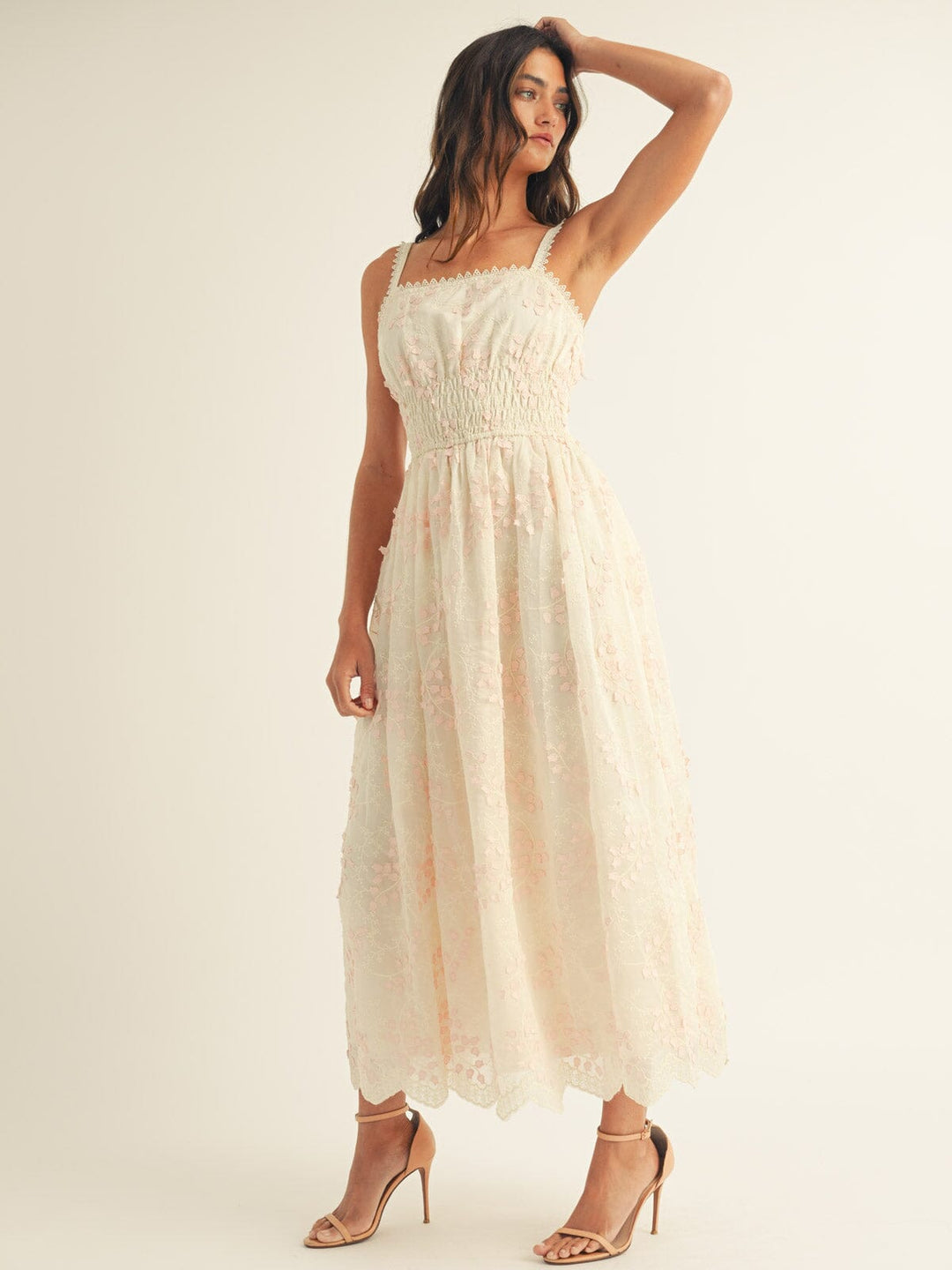 JUST ME WOMEN'S SLEEVELESS SQUARE NECK FLORAL EMBROIDERY ELASTIC WAIST MAXI DRESS