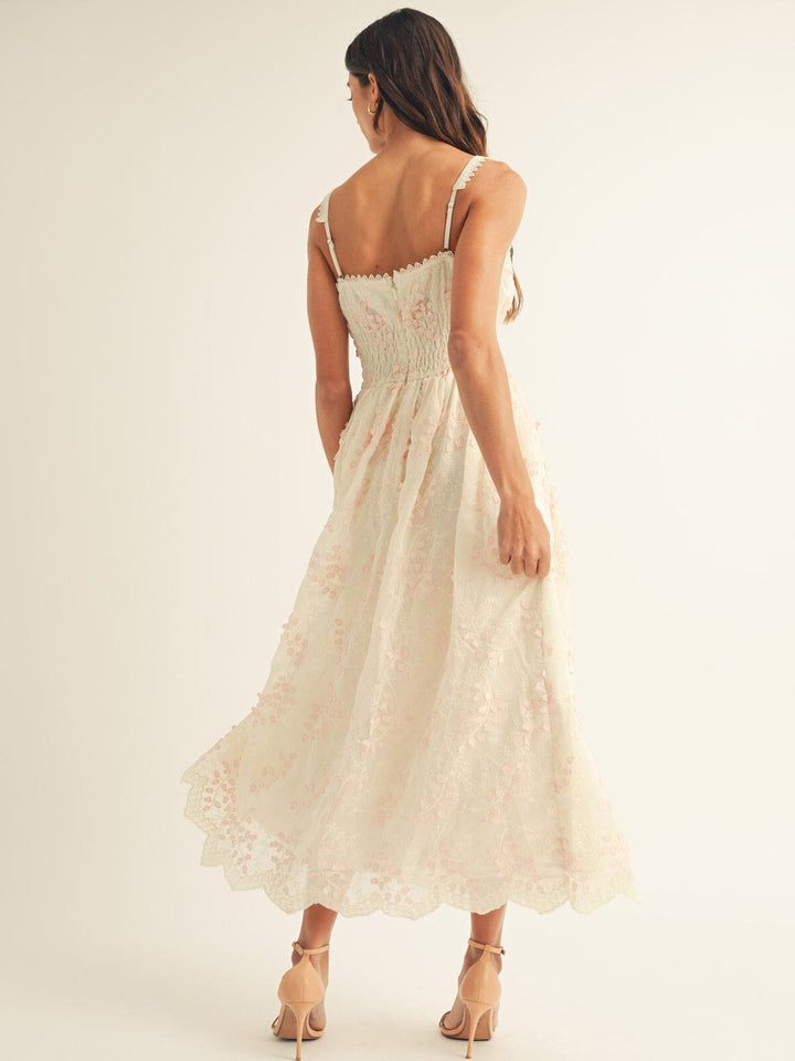 JUST ME WOMEN'S SLEEVELESS SQUARE NECK FLORAL EMBROIDERY ELASTIC WAIST MAXI DRESS
