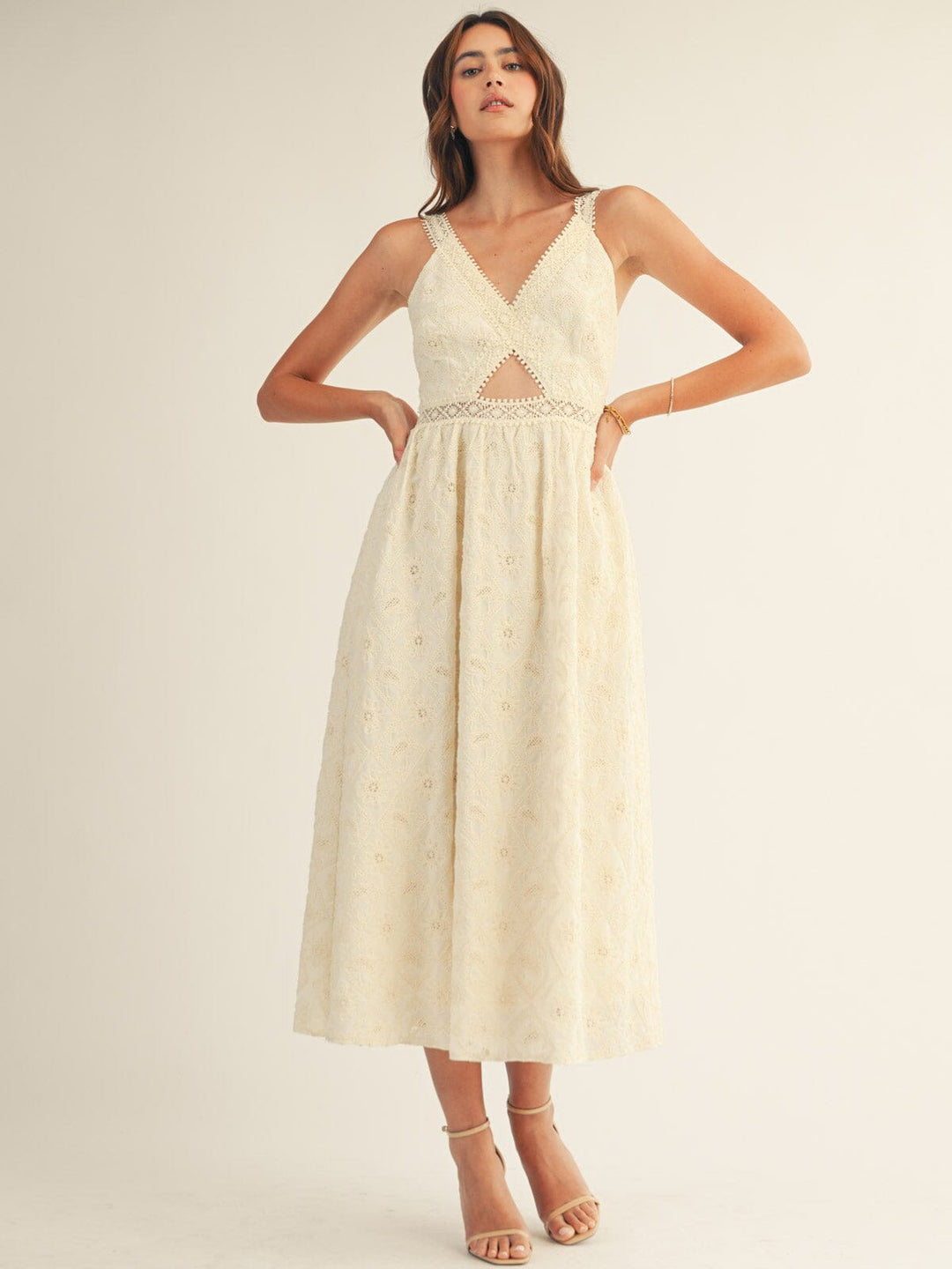JUST ME WOMEN'S SLEEVELESS V-NECK CUT OUT FRONT POCKETS CROCHET MAXI DRESS
