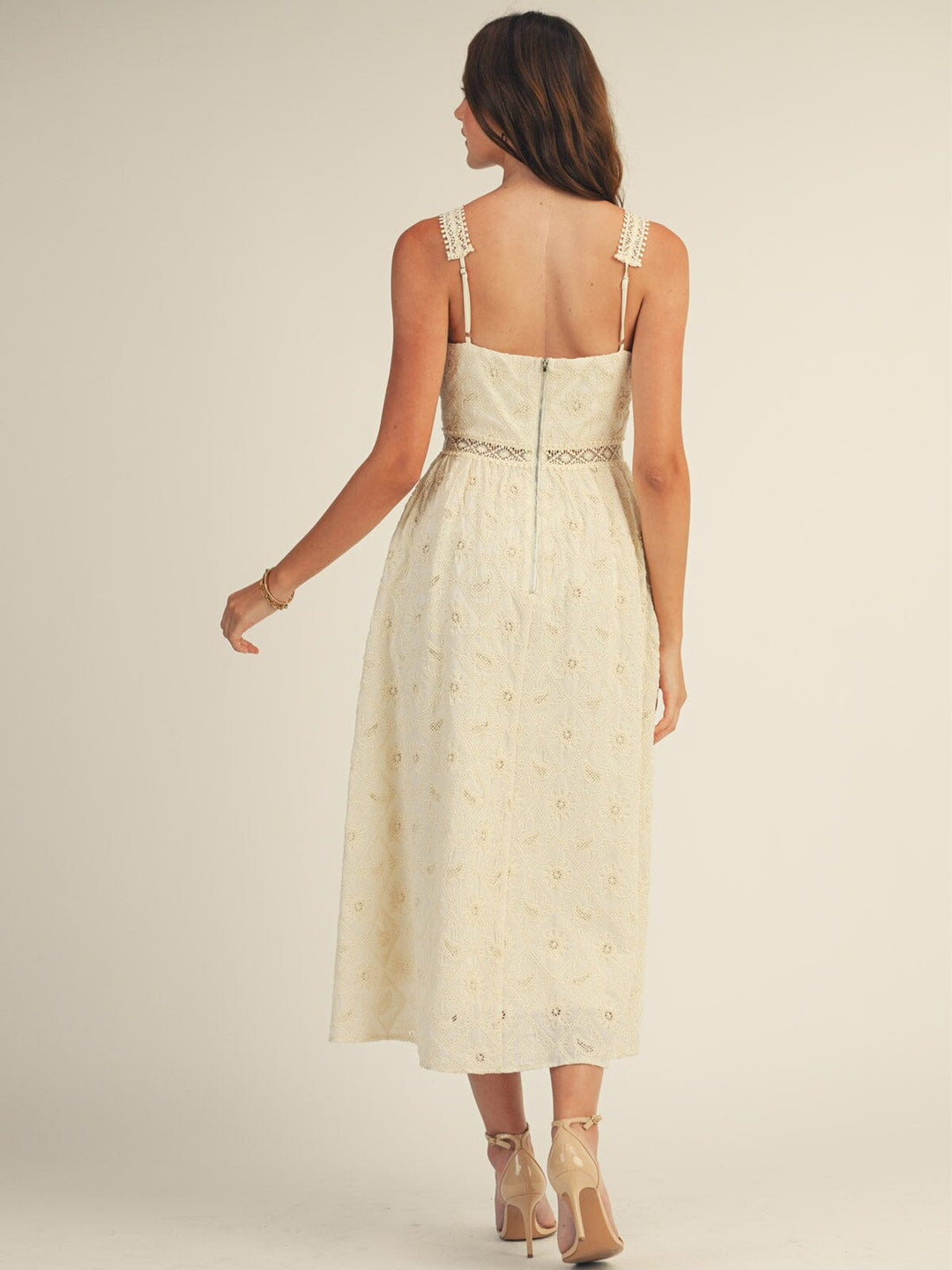 JUST ME WOMEN'S SLEEVELESS V-NECK CUT OUT FRONT POCKETS CROCHET MAXI DRESS