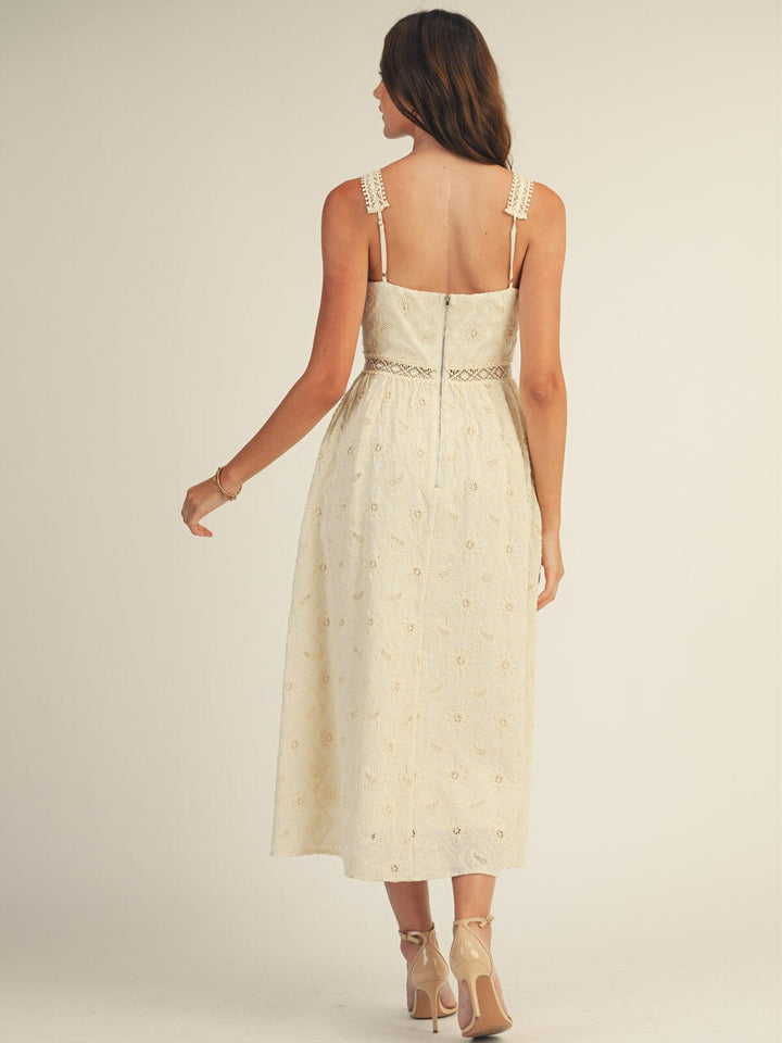 JUST ME WOMEN'S SLEEVELESS V-NECK CUT OUT FRONT POCKETS CROCHET MAXI DRESS