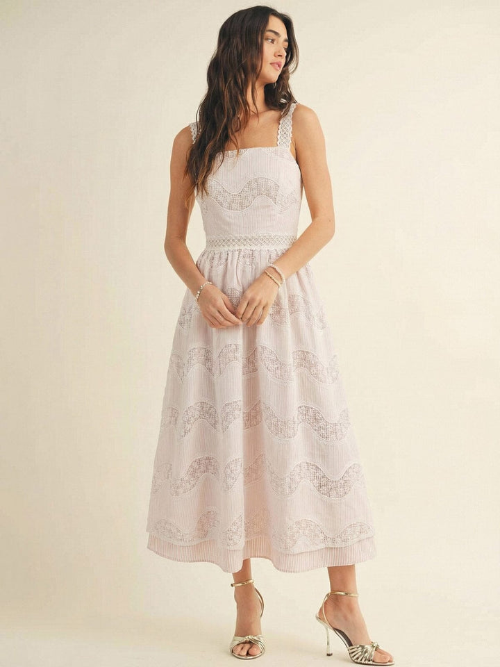 JUST ME WOMEN'S SLEEVELESS SQUARE NECK LACE CROCHET MAXI DRESS