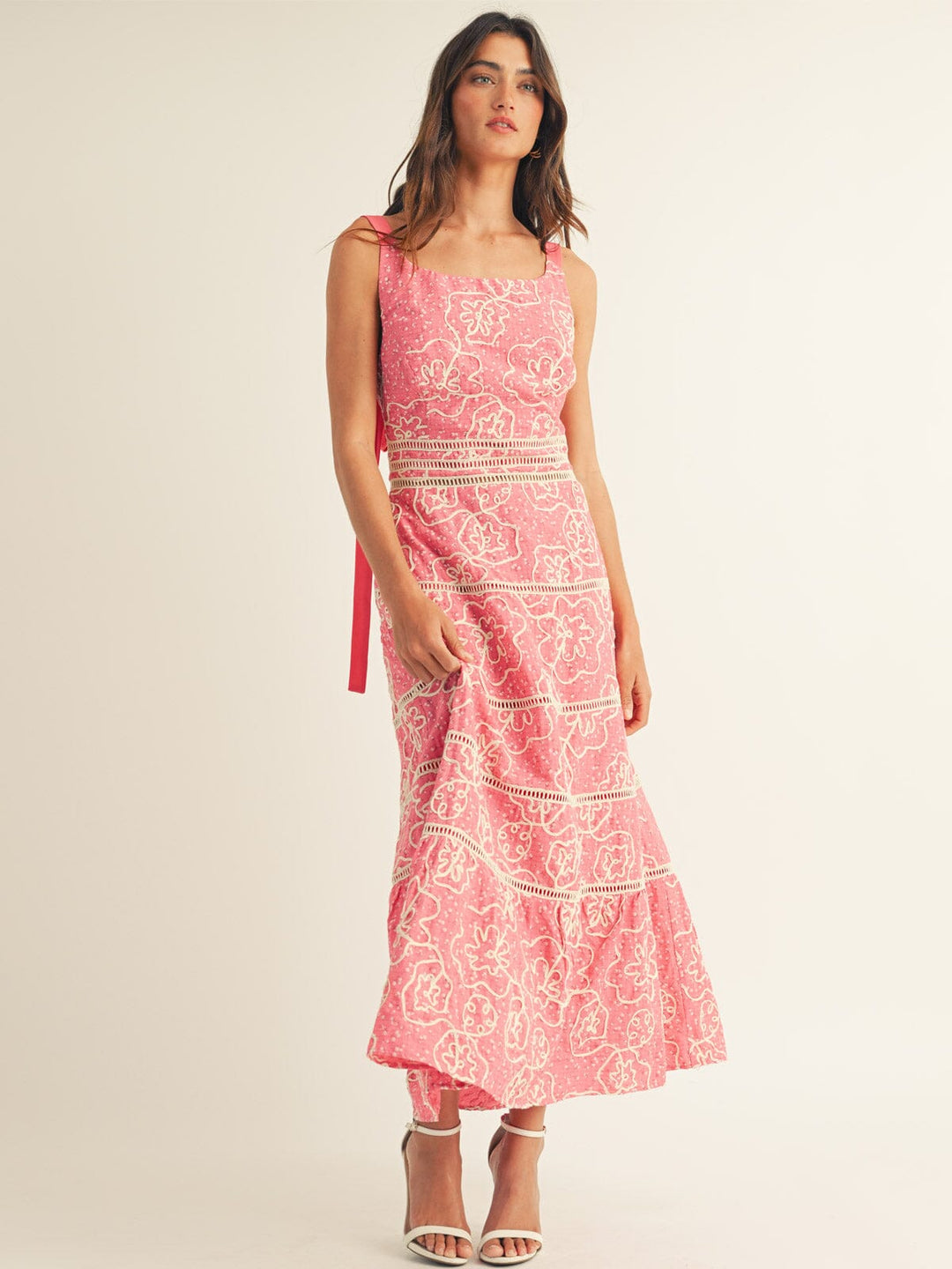 JUST ME WOMEN'S SLEEVELESS FRONT POCKETS TIERED CROCHET MAXI DRESS