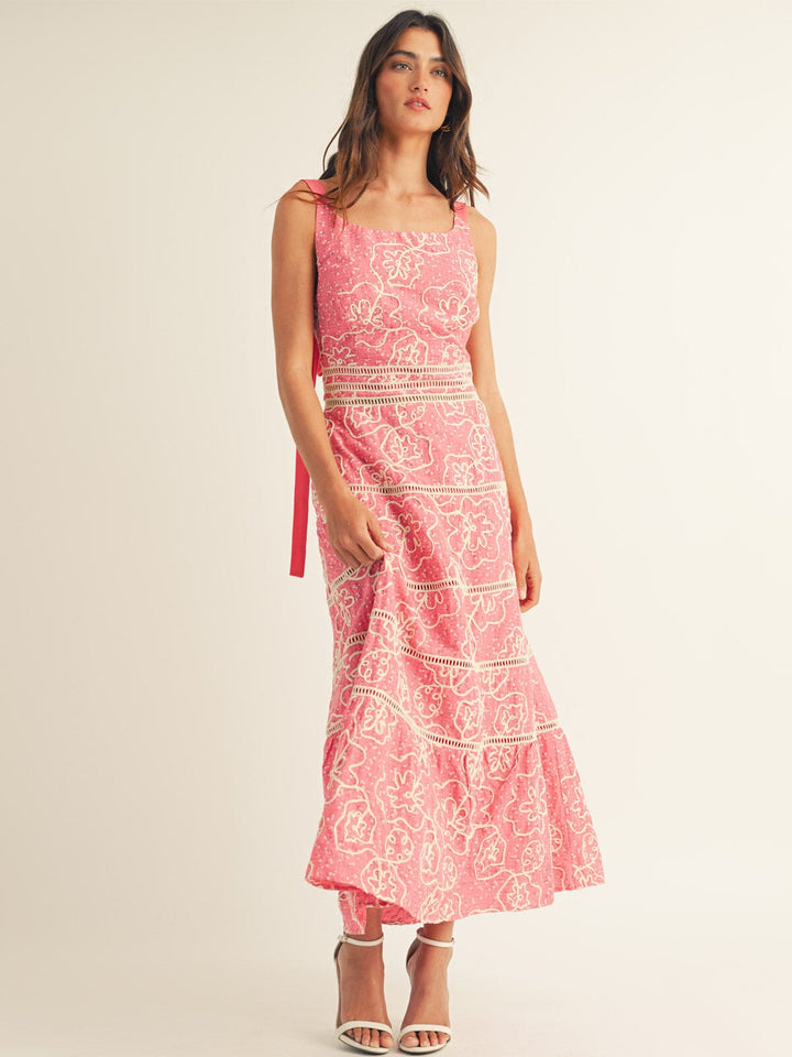 JUST ME WOMEN'S SLEEVELESS FRONT POCKETS TIERED CROCHET MAXI DRESS