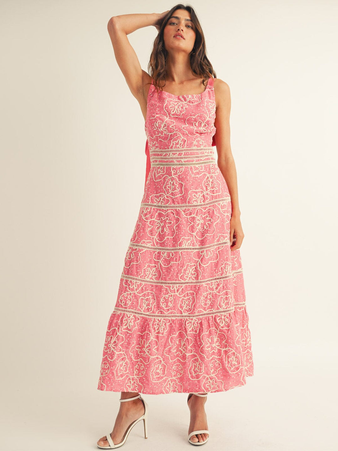 JUST ME WOMEN'S SLEEVELESS FRONT POCKETS TIERED CROCHET MAXI DRESS