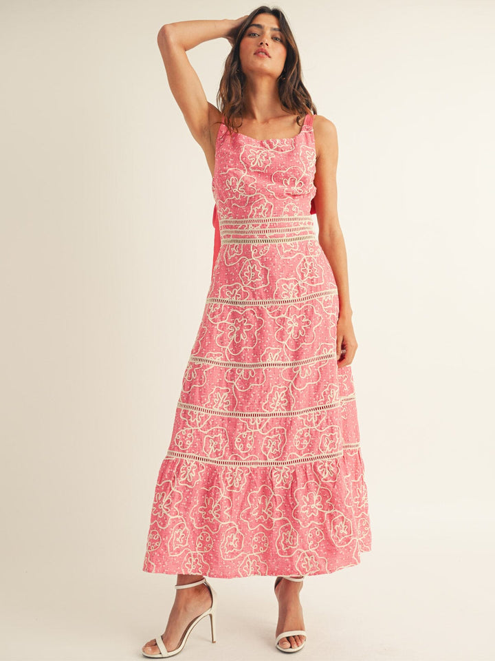 JUST ME WOMEN'S SLEEVELESS FRONT POCKETS TIERED CROCHET MAXI DRESS