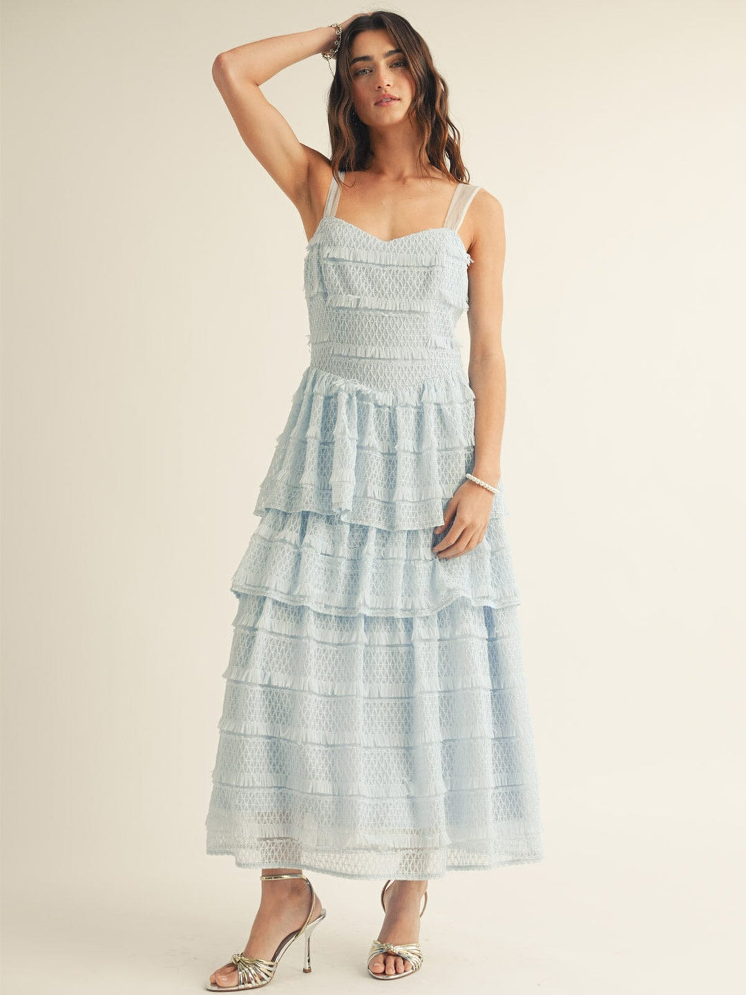 JUST ME WOMEN'S SLEEVELESS RUFFLE TIERED LACE MAXI DRESS