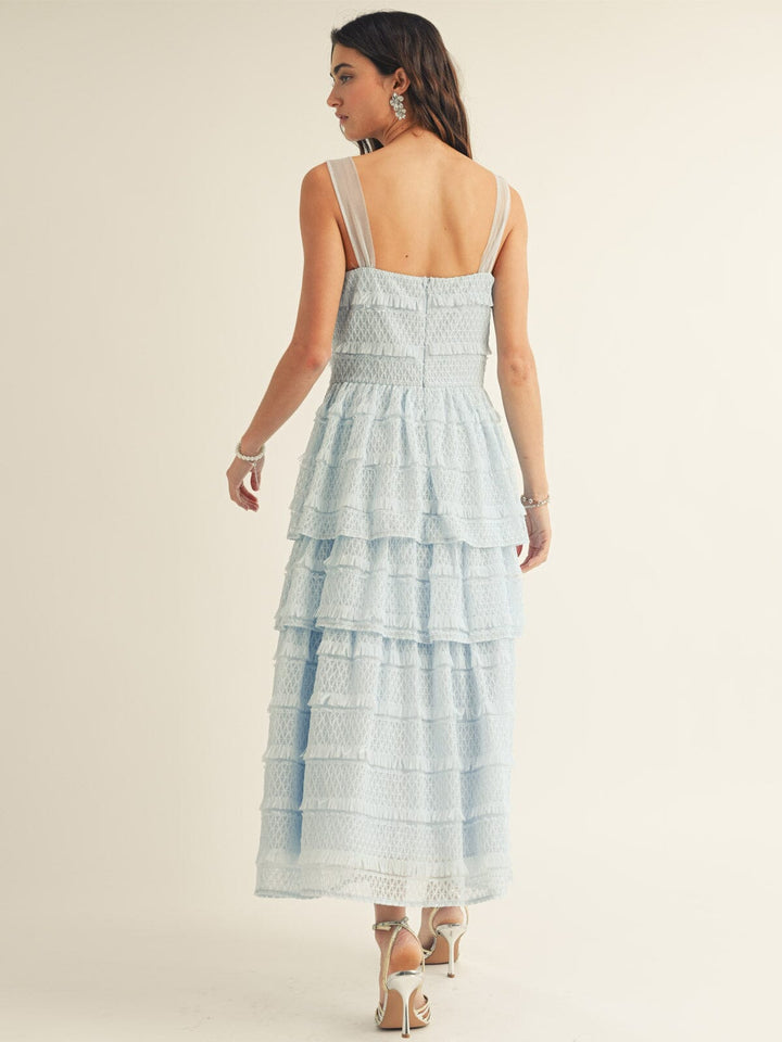 JUST ME WOMEN'S SLEEVELESS RUFFLE TIERED LACE MAXI DRESS