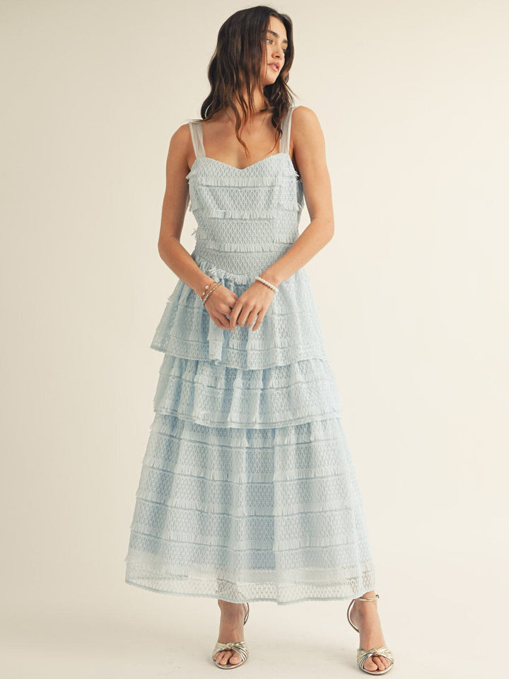 JUST ME WOMEN'S SLEEVELESS RUFFLE TIERED LACE MAXI DRESS