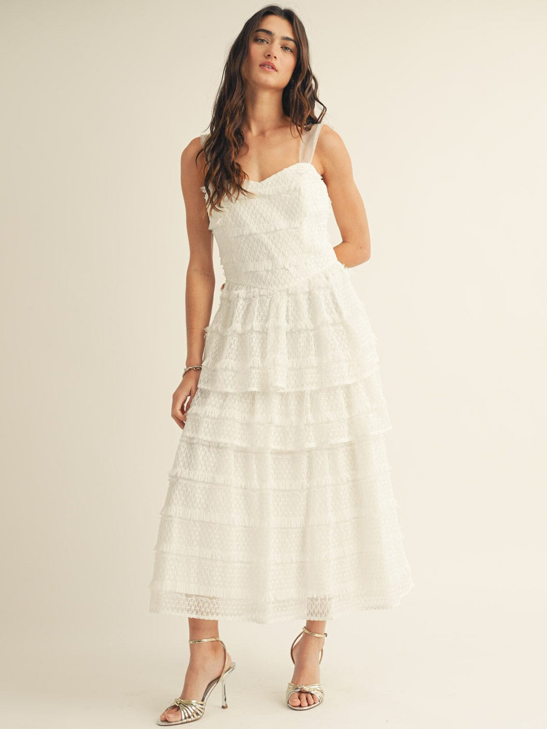 JUST ME WOMEN'S SLEEVELESS RUFFLE TIERED LACE MAXI DRESS