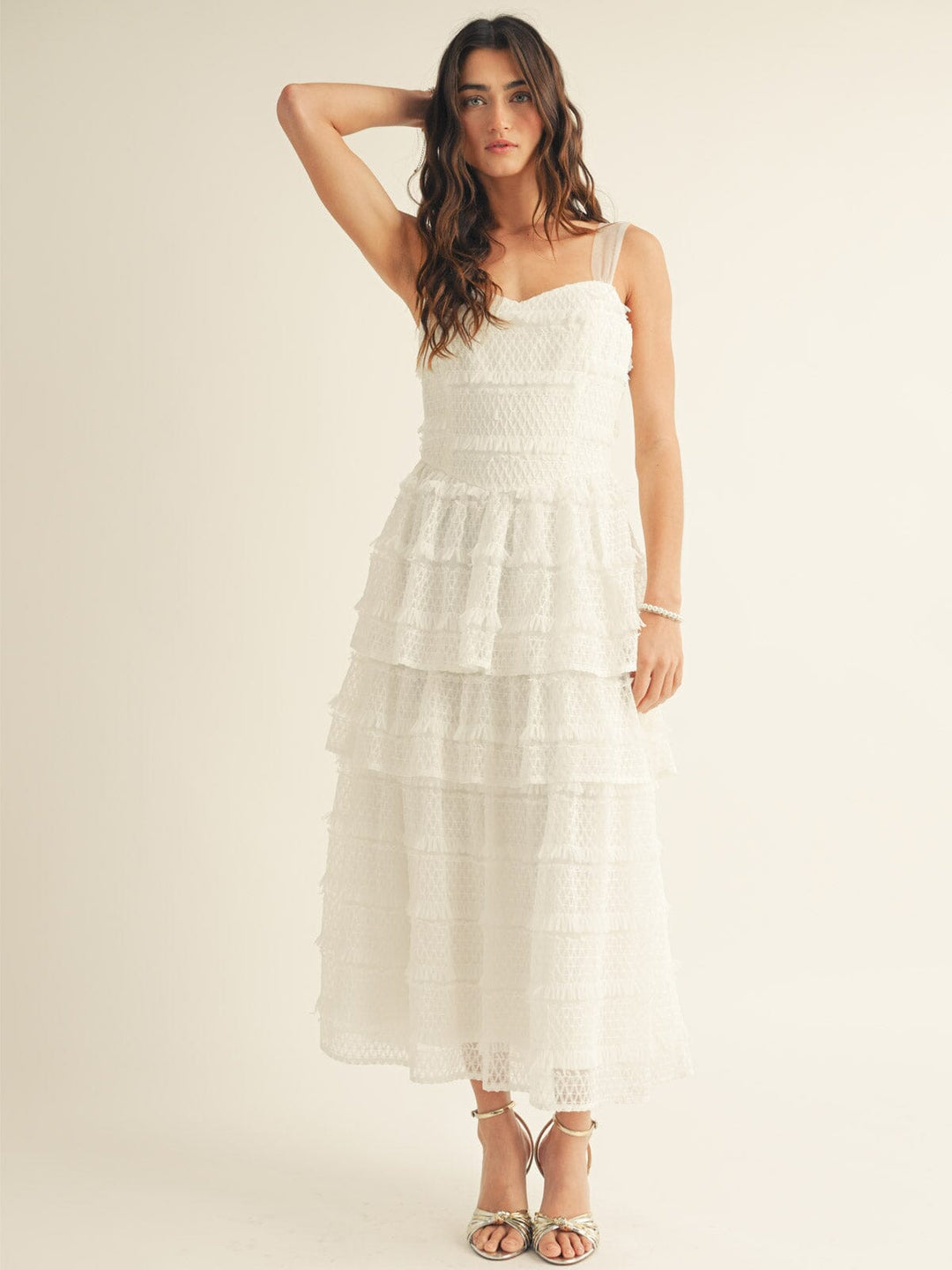 JUST ME WOMEN'S SLEEVELESS RUFFLE TIERED LACE MAXI DRESS