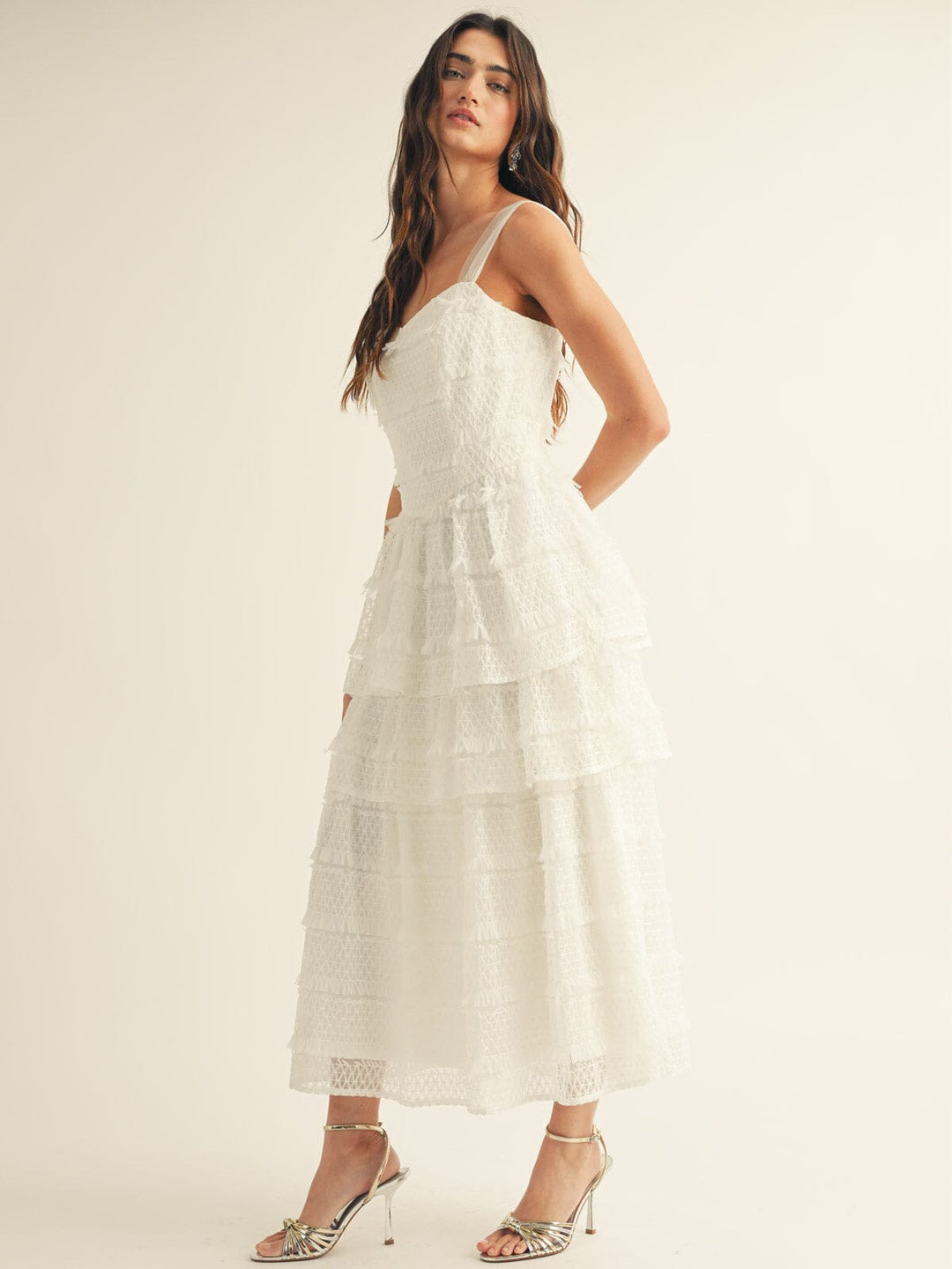JUST ME WOMEN'S SLEEVELESS RUFFLE TIERED LACE MAXI DRESS