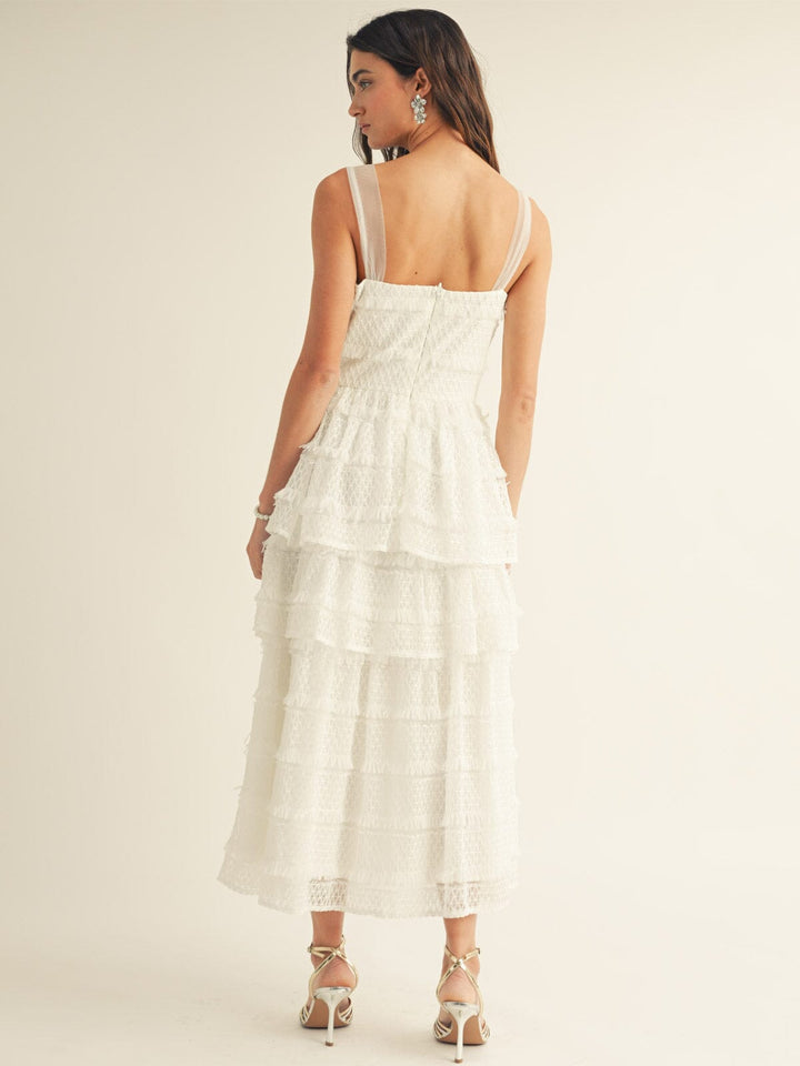 JUST ME WOMEN'S SLEEVELESS RUFFLE TIERED LACE MAXI DRESS
