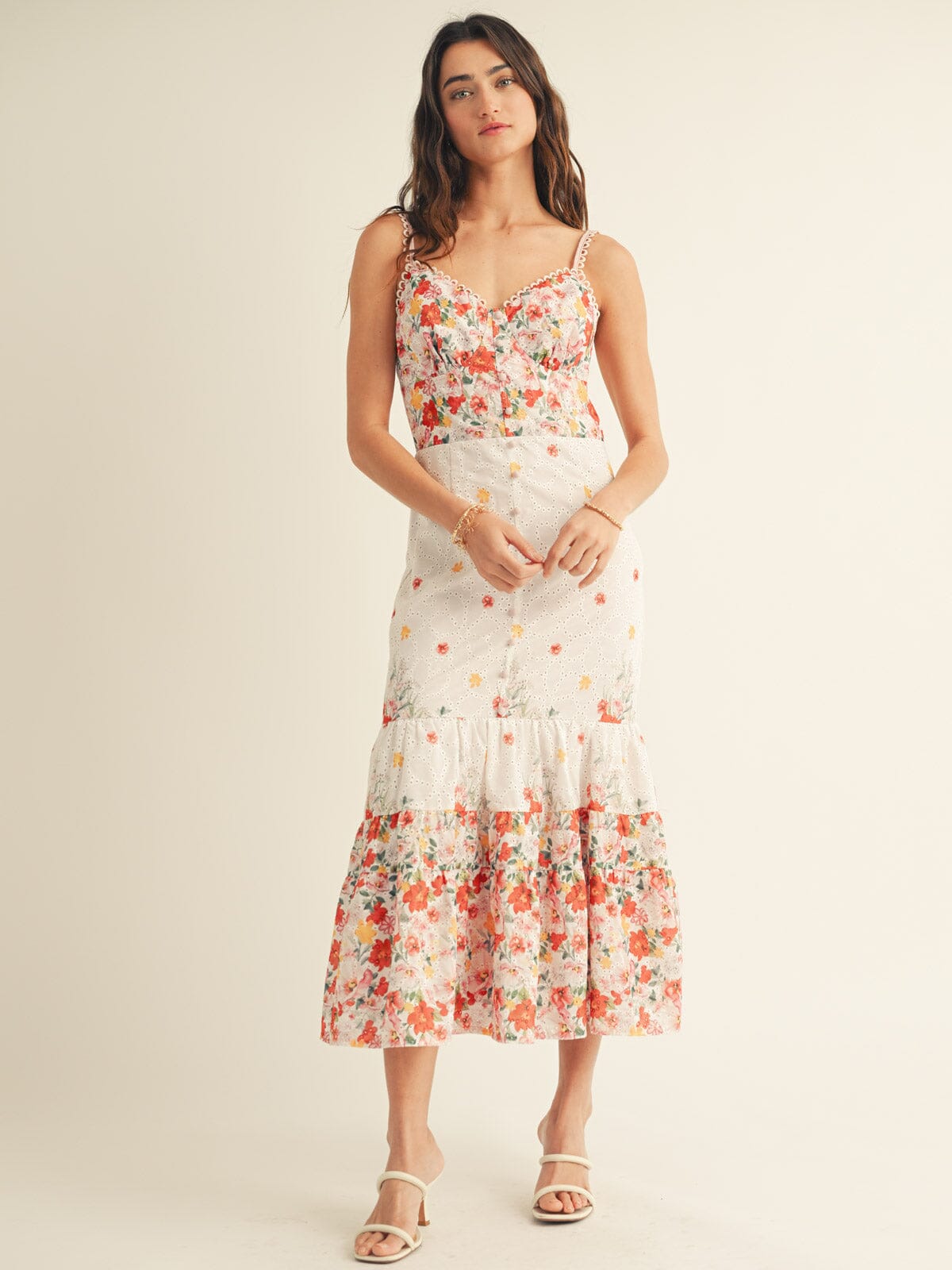 JUST ME WOMEN'S SLEEVELESS V-NECK TIERED EYELET FLORAL MAXI DRESS