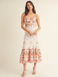 JUST ME WOMEN'S SLEEVELESS V-NECK TIERED EYELET FLORAL MAXI DRESS