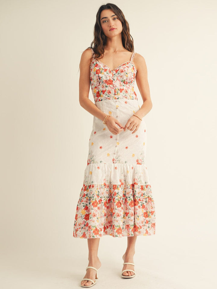 JUST ME WOMEN'S SLEEVELESS V-NECK TIERED EYELET FLORAL MAXI DRESS