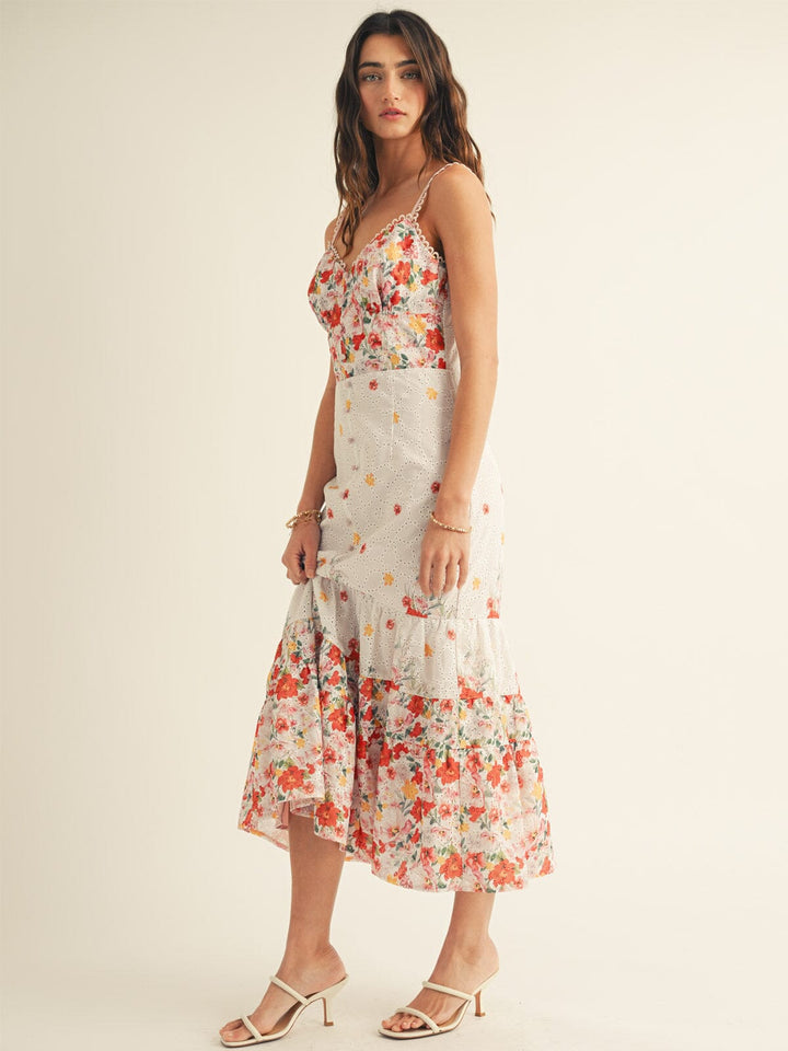 JUST ME WOMEN'S SLEEVELESS V-NECK TIERED EYELET FLORAL MAXI DRESS