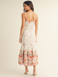 JUST ME WOMEN'S SLEEVELESS V-NECK TIERED EYELET FLORAL MAXI DRESS