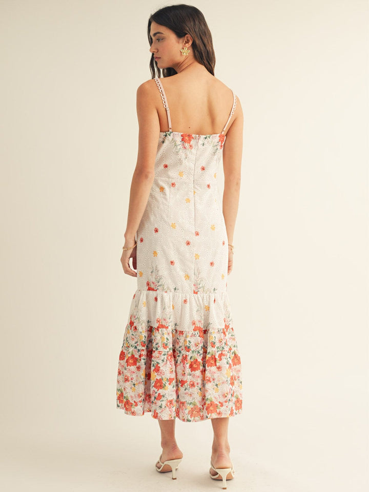 JUST ME WOMEN'S SLEEVELESS V-NECK TIERED EYELET FLORAL MAXI DRESS