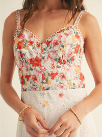 JUST ME WOMEN'S SLEEVELESS V-NECK TIERED EYELET FLORAL MAXI DRESS