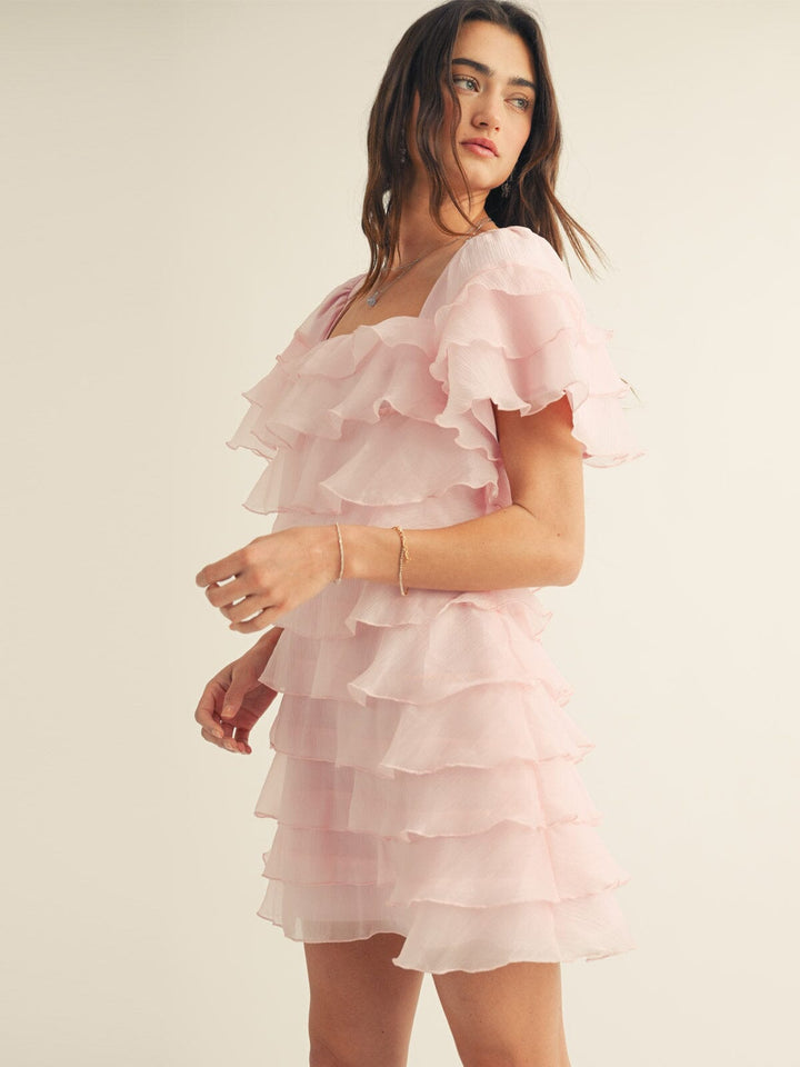 JUST ME WOMEN'S SHORT SLEEVE SQUARE NECK TIERED RUFFLE MINI DRESS