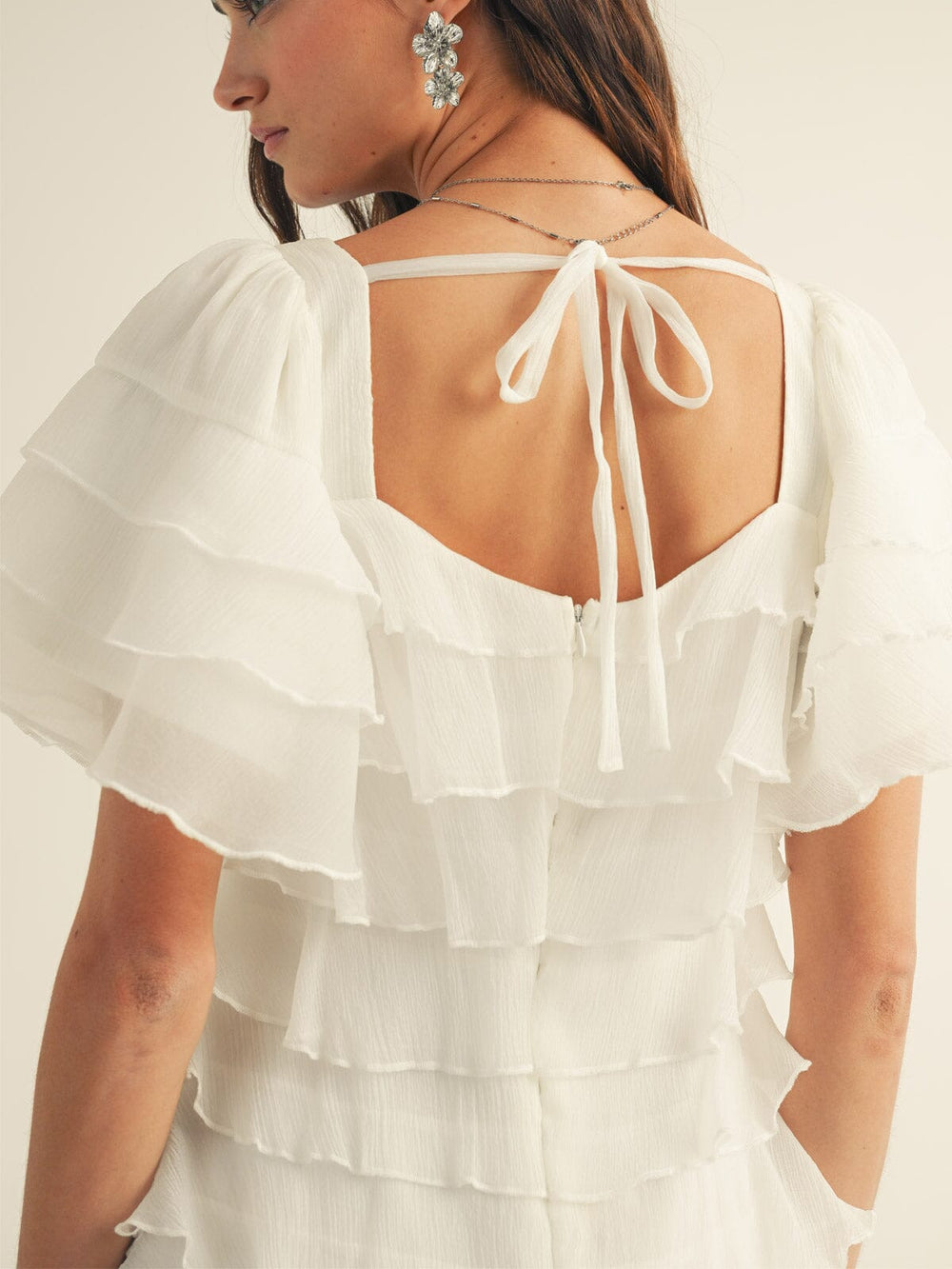 JUST ME WOMEN'S SHORT SLEEVE SQUARE NECK TIERED RUFFLE MINI DRESS