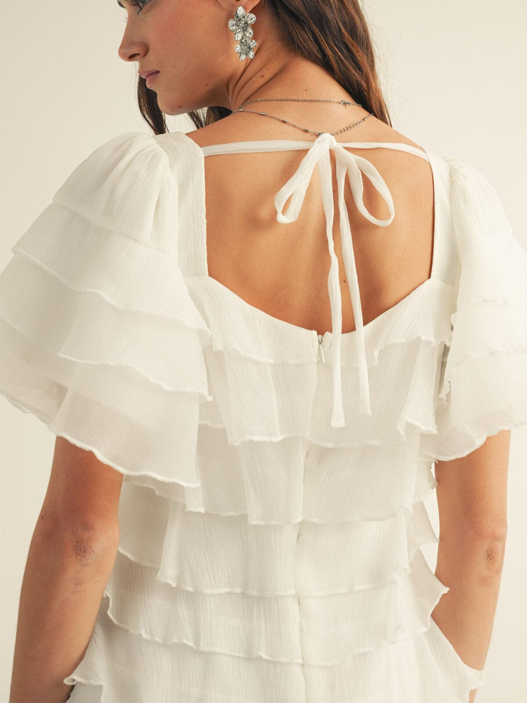 JUST ME WOMEN'S SHORT SLEEVE SQUARE NECK TIERED RUFFLE MINI DRESS