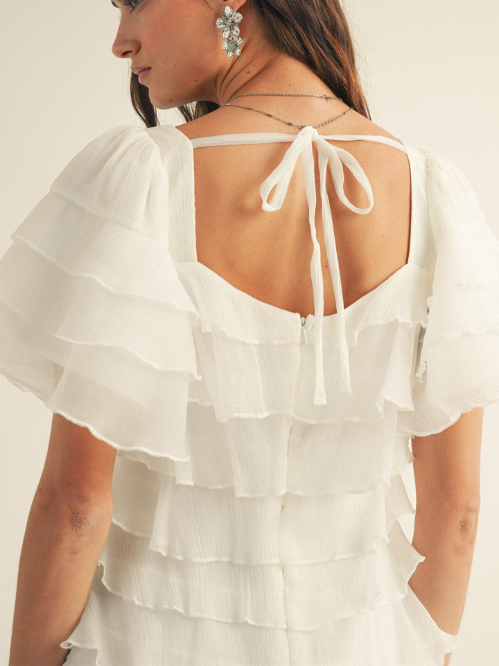 JUST ME WOMEN'S SHORT SLEEVE SQUARE NECK TIERED RUFFLE MINI DRESS