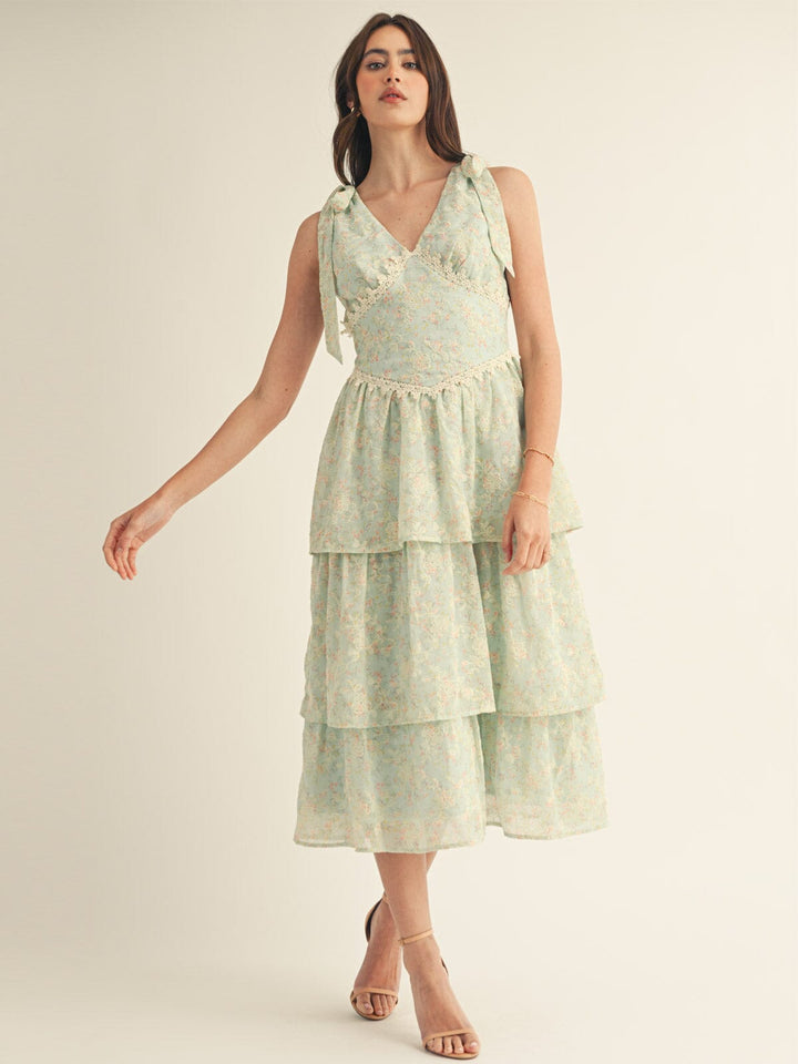 JUST ME WOMEN'S SLEEVELESS V-NECK RUFFLE TIERED FLORAL EMBROIDERY MAXI DRESS
